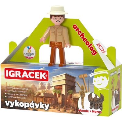 EFKO IGRÁČEK Archeolog figurka egyptské vykopávky mumie a soška bůh Hora