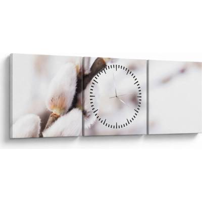 Obraz - Vetva mačičky (s hodinami), trojdielne 90x30 cm s hodinami