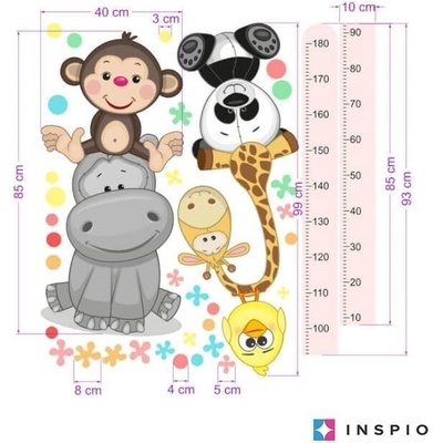 INSPIO 9104f Samolepky na zeď pro holčičky - Růžový dětský metr s veselými zvířatky (180 cm), velikost 90 x 110 cm – Hledejceny.cz