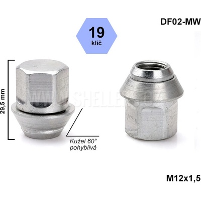 Kolová matice M12x1,5 FORD, VOLVO, kužel, pohyblivá, klíč 19, DF02-MW uzavřená, výška 29,5 – Hledejceny.cz