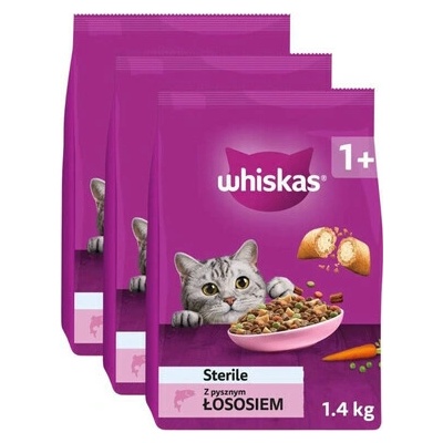 WHISKAS Sterile s lososom 3x1,4 kg suché krmivo pre mačky po kastrácii