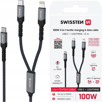 Swissten 72501202 nabíjací 2 v 1 USB-C/USB-C + Lightning 100W 1,5m černý