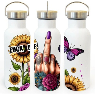 Canvas termoska s bambusovým víčkem Fuck off 500 ml Bílá
