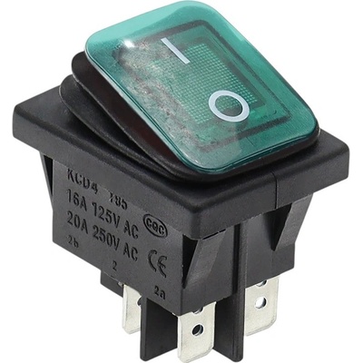 Kolískový vypínač obdĺžnikový s podsvietením KCD4, IP65, 250V/16A Zelená