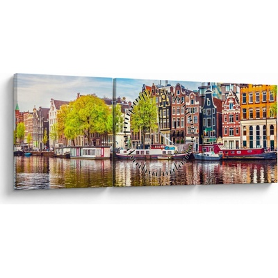 Obraz - Tancujúce domy, Amsterdam (s hodinami), trojdielne 90x30 cm s hodinami