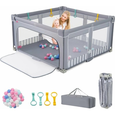 Costway Skládací dětská ohrádka 150 × 150 cm s 50 míčky světle šedá