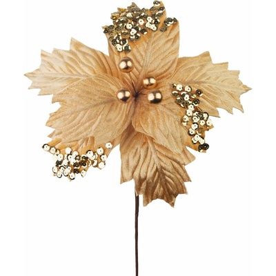 Kvet MagicHome Vianoce, poinsettia, s guľkami, zlatý, 18 cm, veľkosť kvetu: 20 cm