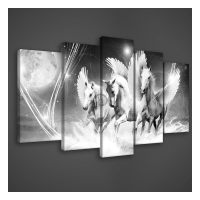 Obraz na plátne viacdielny - OB3387 - Biele okrídlené kone čierno biele 100cm x 60cm - S17