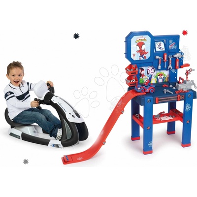Smoby Set trenažér elektronický Vesmír Space Driver a pracovní dílna se skákajícím autem Spidey