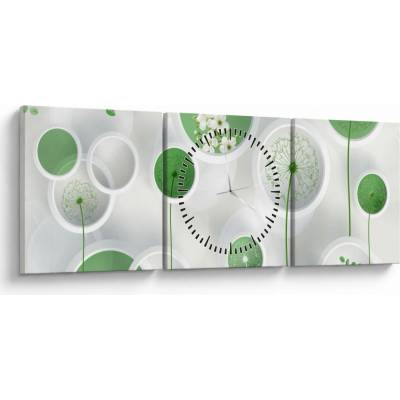 Obraz - Kvety v kruhoch (s hodinami), trojdielne 90x30 cm s hodinami