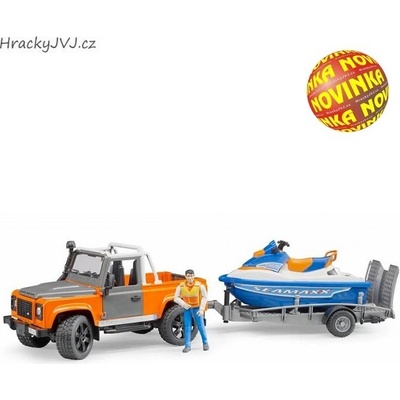 Bruder 2599 Land Rover s přívěsem vodním skútrem a jezdcem