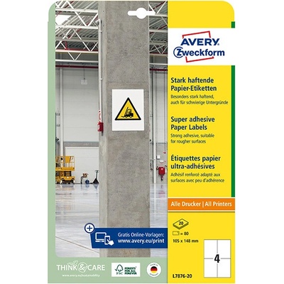 Avery Zweckform L7876-20 s vysokou lepivosťou 105 mm x 148mm A4 biele 4 etikety balené po 20 ks