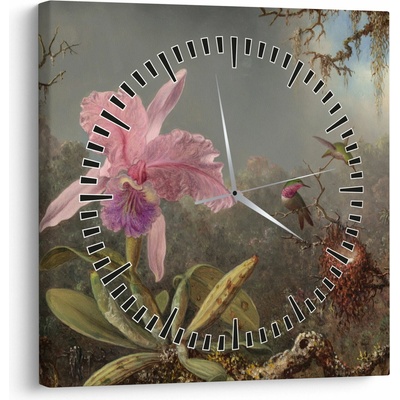 Obraz - Martin Johnson Heade, Cattleya Orchid and Three Hummingbirds, reprodukcia (s hodinami), jednodielne 30x30 cm s hodinami