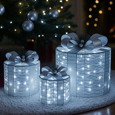 Venkovní LED oválné svítící dárky - sada 3 ks XL/L/M, 120 LED, IP44 - vánoční dekorace pod stromeček Zlatá a bílé teplé světlo – Hledejceny.cz