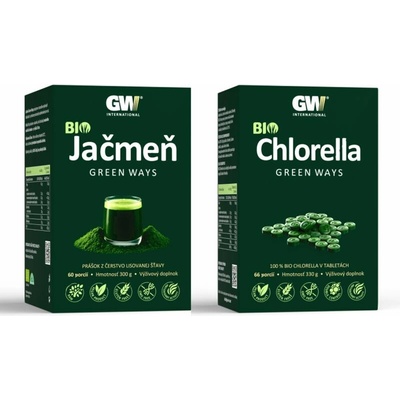 Green Ways mladý jačmeň 300 g + chlorella 330 g + shaker