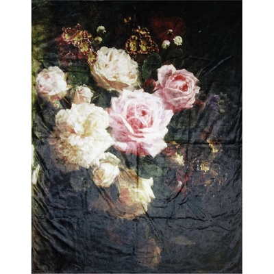 Clayre & Eef Černý plyšový pléd /přehoz s květy Vintage 130x170