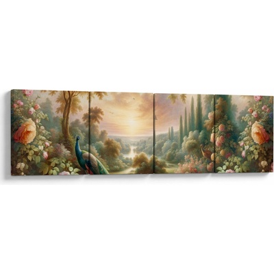 Obraz - Pávy v záhrade, štvordielne 160x40 cm