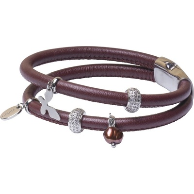 Gaura Pearls náramek Sola přírodní kůže chirurgická ocel řiční perla ST184-54B Hnědá