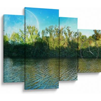 Obraz - jezero (s hodinami), Čtyřdílný 110x75 cm s hodinami