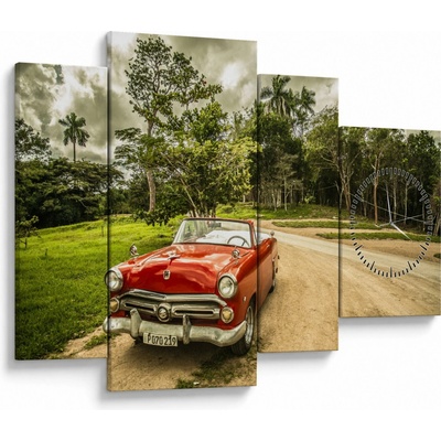Obraz - auto veterán v prírode (s hodinami), štvordielne 110x75 cm s hodinami