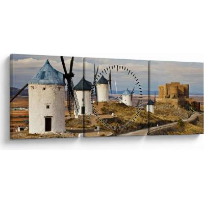 Obraz - Veterné mlyny Consuegra, Španielsko (s hodinami), trojdielne 90x30 cm s hodinami