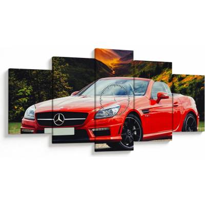 Obraz - červený Mercedes (s hodinami), päťdielne 150x80 cm s hodinami