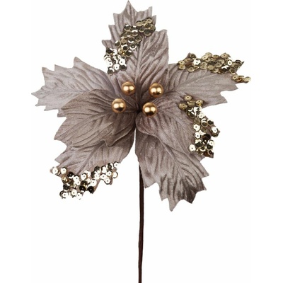 Kvet MagicHome Vianoce, poinsettia, s guľkami, strieborný, 18 cm, veľkosť kvetu: 20 cm