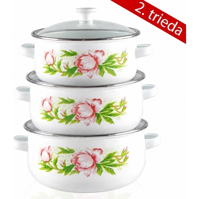 Smaltované hrnce TIDAL KVETY 6 ks, biele – s pokrievkami, objemy 2 L / 1,5 L / 1 L – 2. trieda, 2781