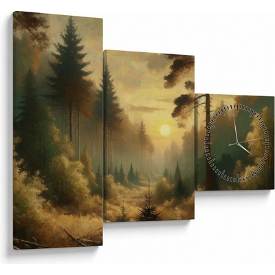 Obraz - Slnko žiariace lesom (s hodinami), trojdielne 90x70 cm s hodinami
