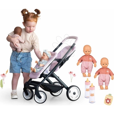 Smoby Set kočárek s panenkami dvojčaty Twin Pushchair Pink Maxi Cosi&Quinny a láhve na krmení – Hledejceny.cz