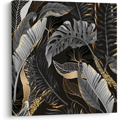 Obraz - Tropické listy v čierno-zlatej, jednodielne 30x30 cm