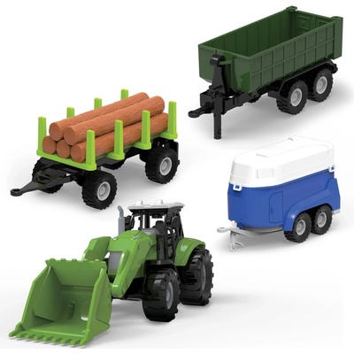 FARM SERVICE SET Traktor s nakladačem, dvěma valníky a přívěsem se světly a zvuky