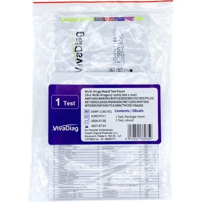 VivaDiag 16v1 Multitest na Drogy OXY/TRA/FEN/KET/COC/THC/MOP/MDMA/AMP/MET/BZO/TCA/BAR/MTD/BUP/LSD z moči 1 ks