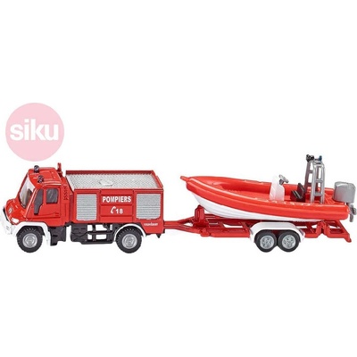 SIKU 1636 Auto hasiči UNIMOG s přívěsem a člunem