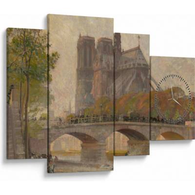 Obraz - Robert William Vonnoh, Notre Dame de Paris, reprodukce (s hodinami), Čtyřdílný 110x75 cm s hodinami