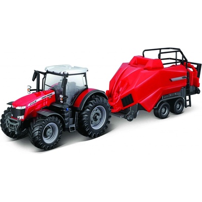 Bburago Farm Traktor Massey Ferguson 8740S + Baler Lifter Rood 1:50
