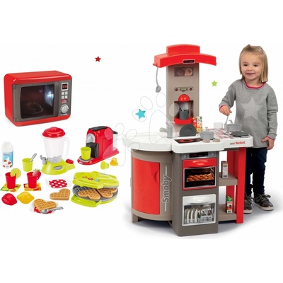 Smoby Set kuchynka skladacia Tefal Opencook červená s kávovarom a chladničkou a mikrovlnka a vaflovač so spotrebičmi a vaflami