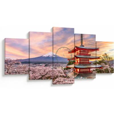 Obraz - Fudži, Japonsko (s hodinami), päťdielne 150x80 cm s hodinami