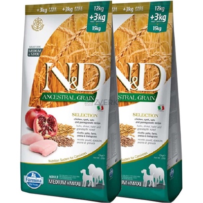 N&D Ancestral Grain Dog Adult Medium & Maxi Selection Chicken Spelt Oats & Pomegranate 2 x 15 kg