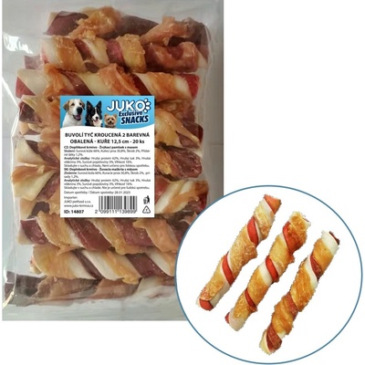 JUKO Snacks Tyč buvolí kroucená 2 barevná obalená kuřecím masem 12,5 cm 20 ks